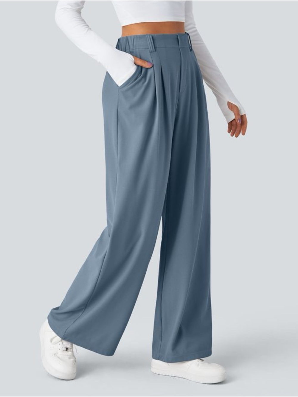 Halara Flex High Waisted Pocket Wide Leg Waffle Work Pants Blue Size XS Petite